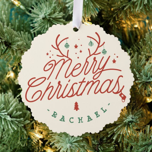 Merry Christmas Check Plaid Personalized Reindeer Ornament Card (Insitu (Tree))