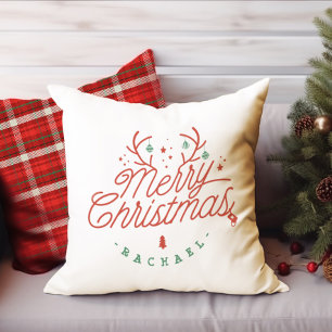 Merry Christmas Check Plaid Personalized Reindeer Throw Pillow