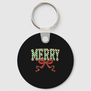 Merry Christmas Checkered Preppy Coquette Bow Xmas Keychain