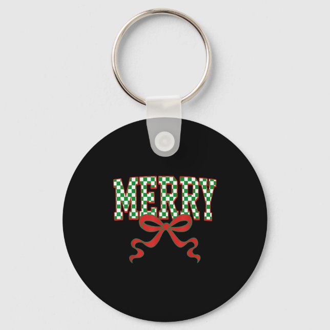 Merry Christmas Checkered Preppy Coquette Bow Xmas Keychain (Front)