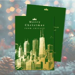 Merry Christmas Chicago Green Foil Holiday Card