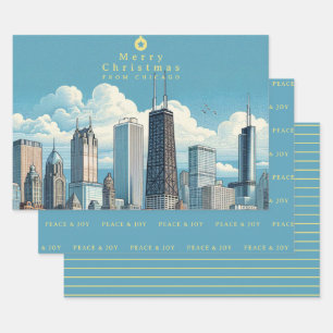 Merry Christmas Chicago Skyline Holiday Wrapping Paper Sheet