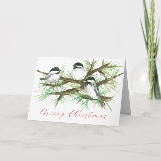 Merry Christmas Chickadee Birds in a Tree Card (Front)
