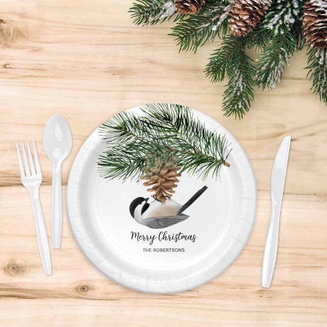 Merry Christmas Chickadee on Pinecone Paper Plate (Creator Uploaded)