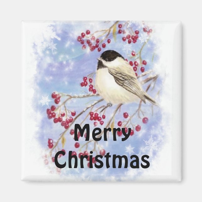 Merry Christmas Chickadee Snowy Berry Tree Magnet (Front)