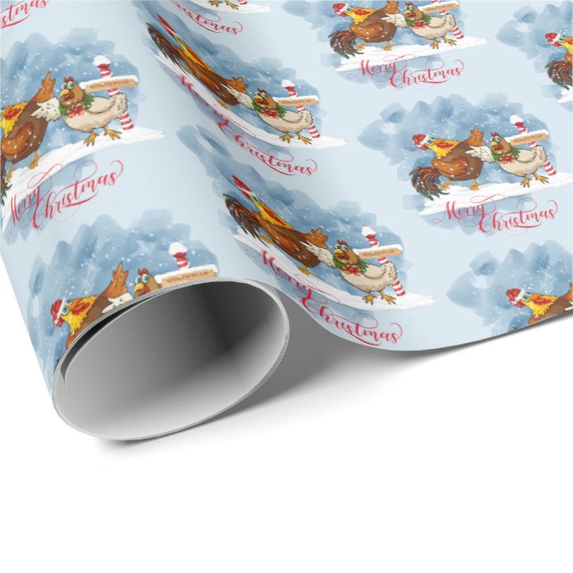 Merry Christmas Chicken and Rooster at North Pole Wrapping Paper (Roll Corner)
