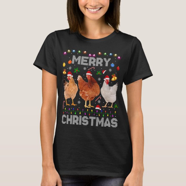 Merry Christmas Chicken Santa Hat Lights Xmas Farm T-Shirt (Front)