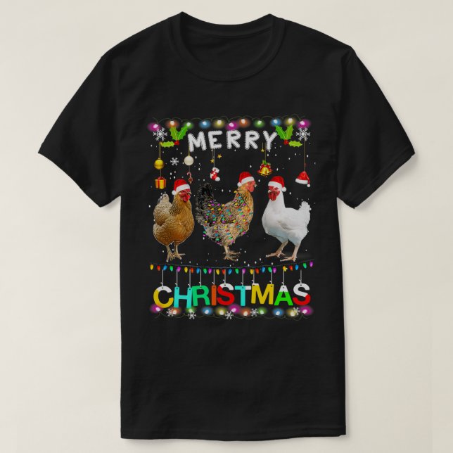 Merry Christmas Chicken  Santa Hat Lights Xmas Fun T-Shirt (Design Front)