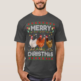 Merry Christmas Chicken Santa Hat Lights Xmas Holi T-Shirt