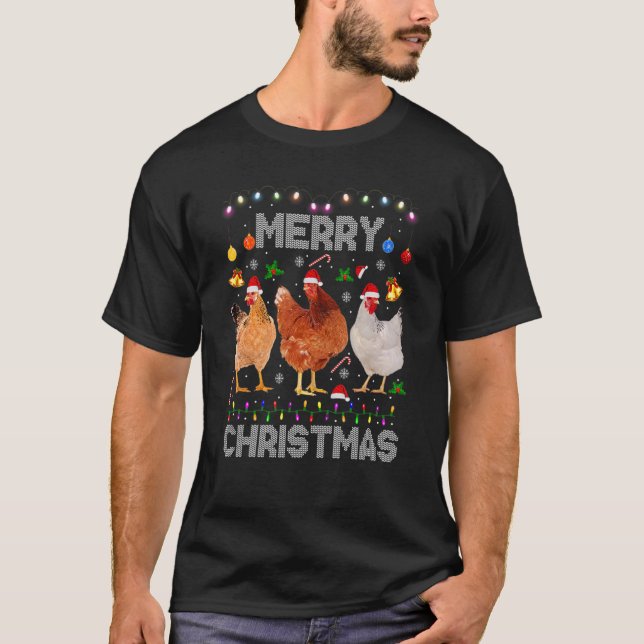 Merry Christmas Chicken   Santa Hat Lights Xmas   T-Shirt (Front)