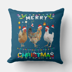 Merry Christmas Chicken Shirt Santa Hat Lights Xma Throw Pillow