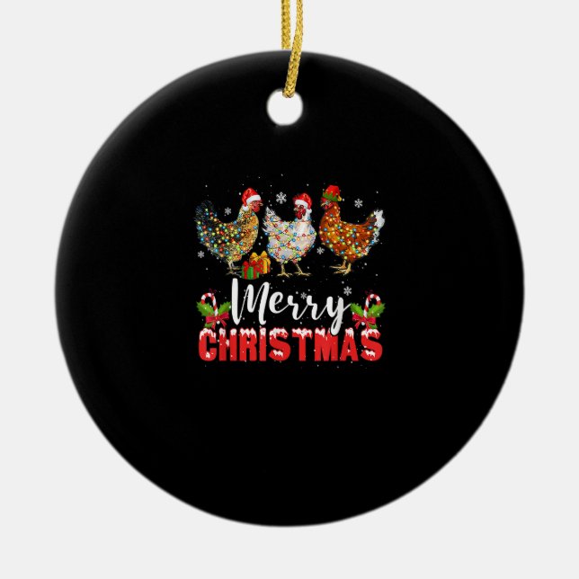 Merry Christmas Chicken Shirts Funny Santa Hat Lig Ceramic Ornament (Front)