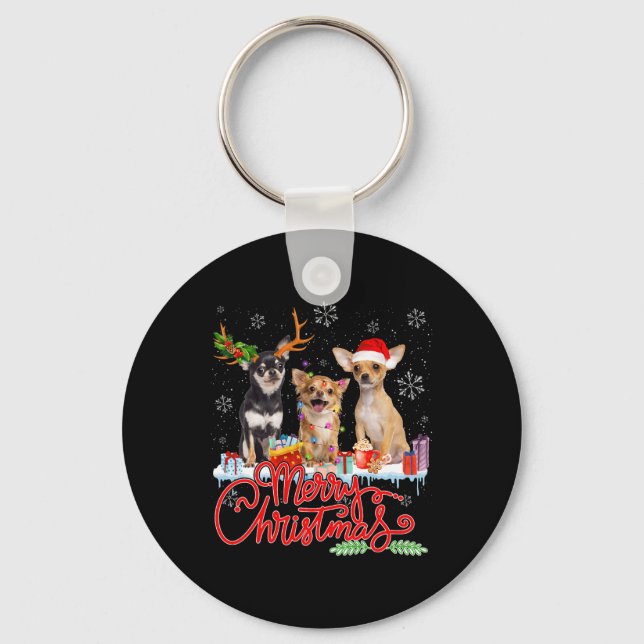 Merry Christmas Chihuahua Dogs Santa Reindeer Ligh Keychain (Front)