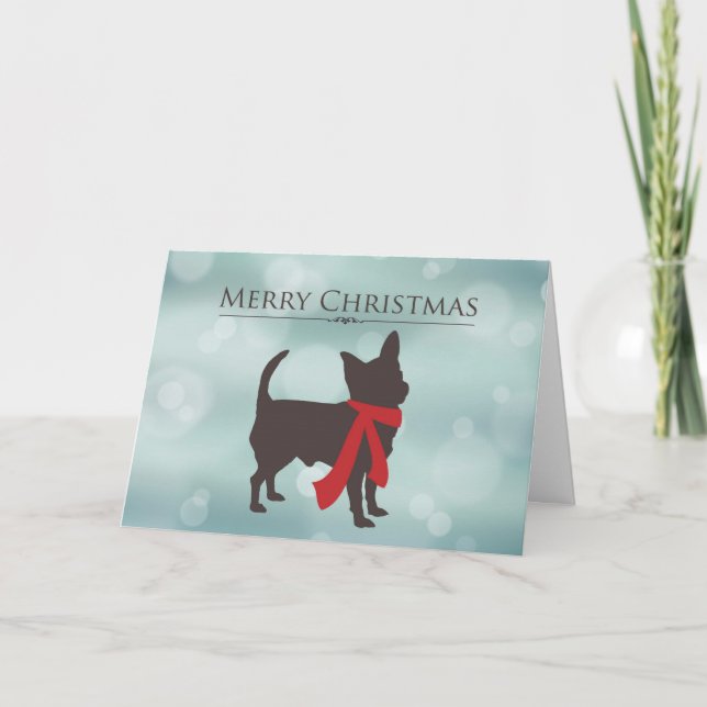 Merry Christmas, Chihuahua in Red Scarf, Bokeh Eff Holiday Card (Front)