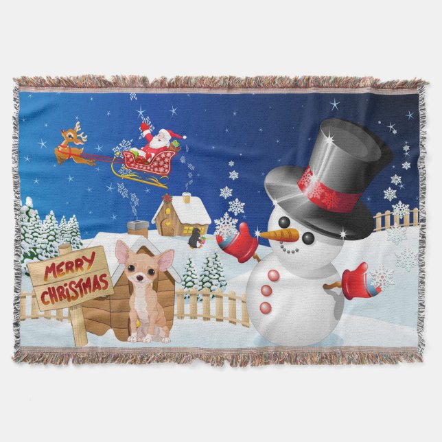 Merry Christmas Chihuahua With Frosty Throw Blanket (Front)
