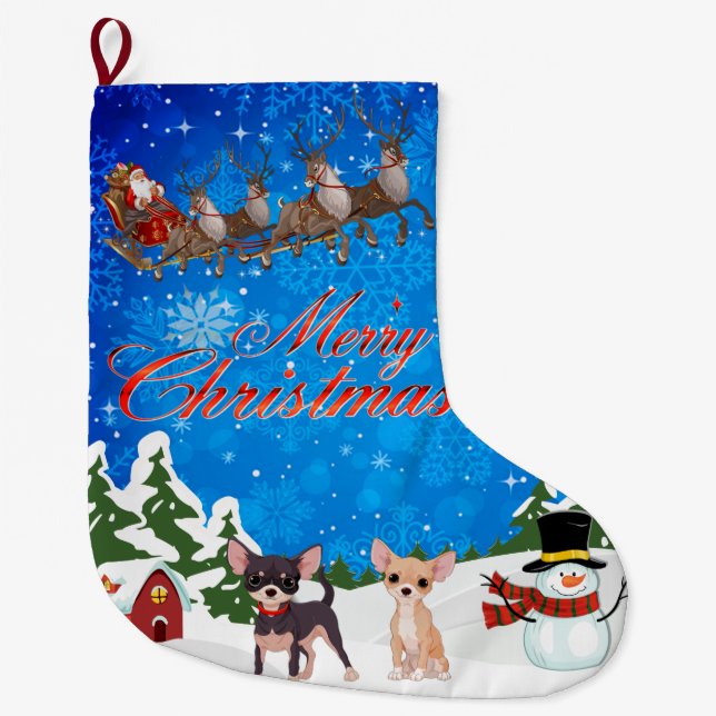 Merry Christmas Chihuahua With Santa Large Christmas Stocking (Front)