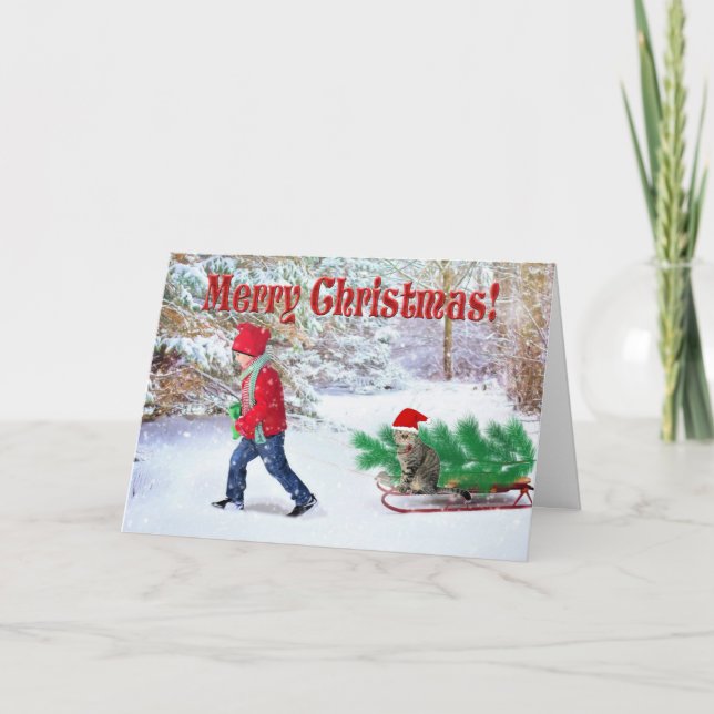 Merry Christmas Child and Cat / Bringing Home Tree Card (Front)