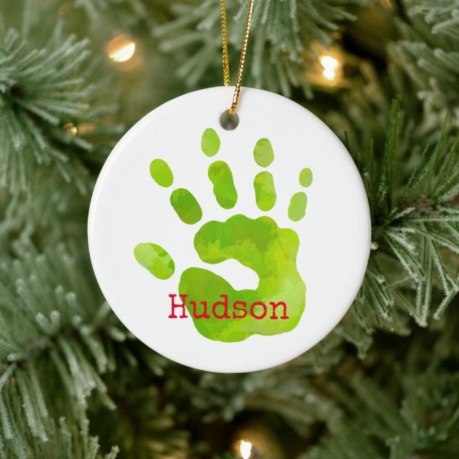 Merry Christmas Child Handprint Green NAME Red Fun Ceramic Ornament (Tree)