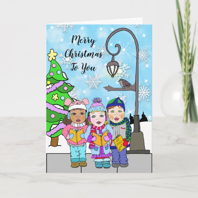 Merry Christmas Children Carolers Holiday Card (Front)