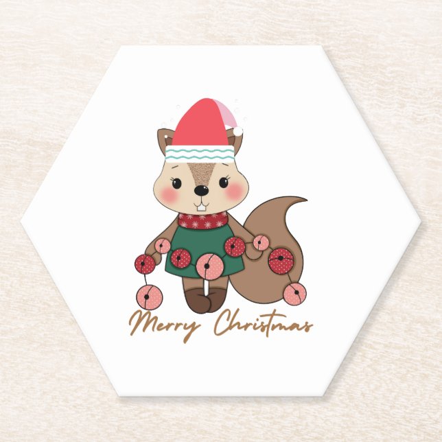 Merry Christmas Chipmunk design by Mo Dreams Paper Coaster (Front)