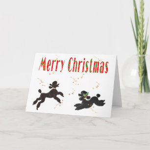 Merry Christmas Chocolate & Black Poodles Playing Holiday Card
