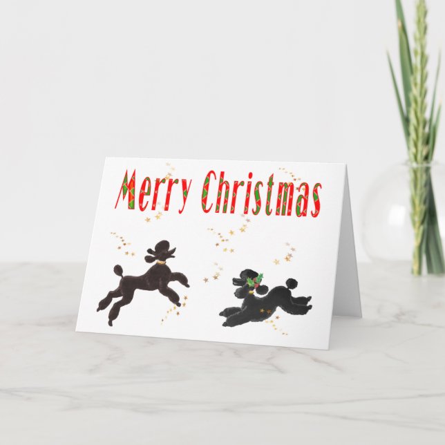 Merry Christmas Chocolate & Black Poodles Playing Holiday Card (Front)