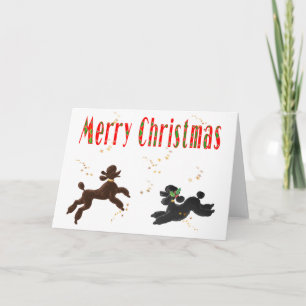 Merry Christmas Chocolate & Black Poodles Playing Holiday Card