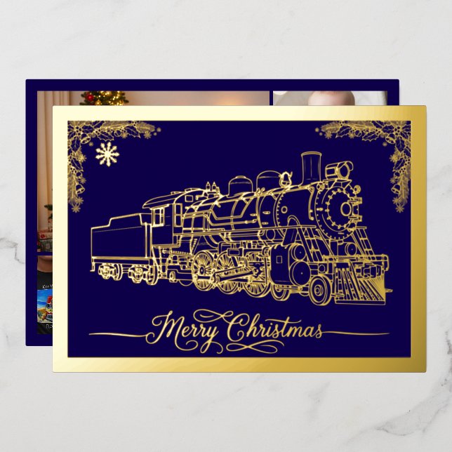 Merry Christmas Choo-choo train Midnight Blue Gold Foil Holiday Card (Front/Back)