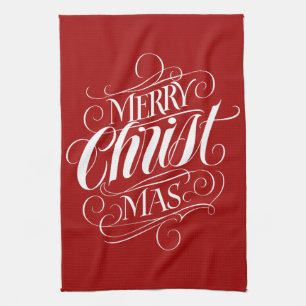 Merry CHRISTmas Christian Calligraphy Script Red Kitchen Towel