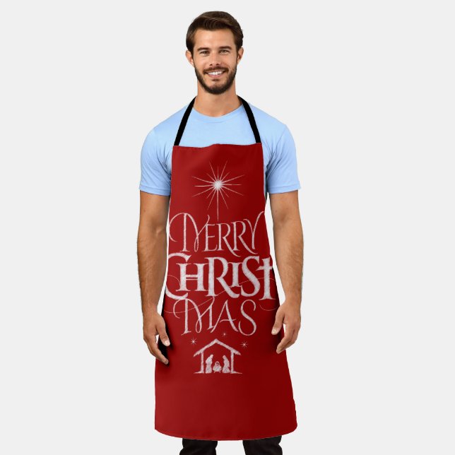 Merry CHRISTmas Christian Chalk Calligraphy Red Apron (Worn)