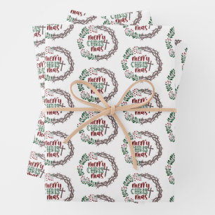 Merry CHRISTmas Christian Religious Wreath Wrapping Paper Sheet