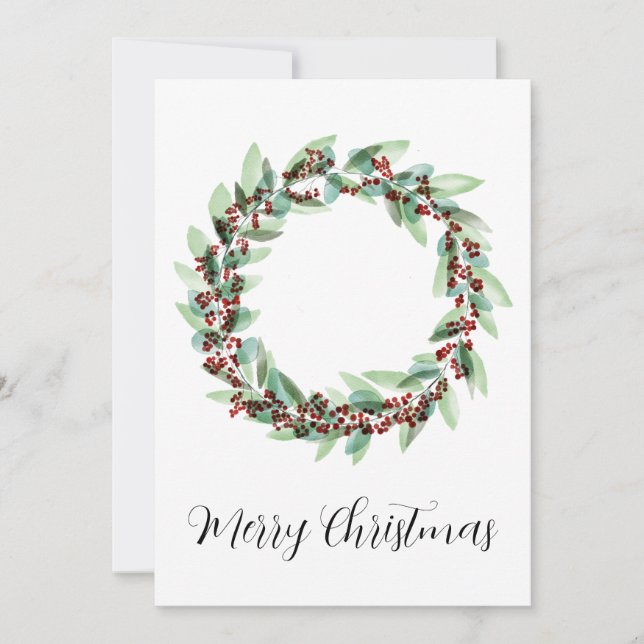 Merry Christmas, Christmas berries wreath Holiday Card (Front)