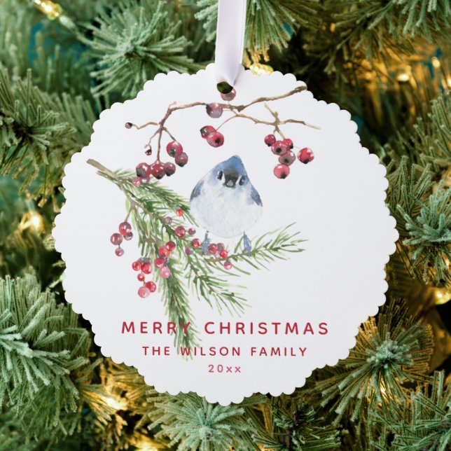 Merry Christmas - Christmas Greenery w Bird  Ornament Card (Insitu (Tree))