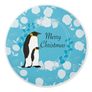 merry christmas, christmas,penguin,flowers,blue, ceramic knob