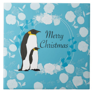 merry christmas, christmas,penguin,flowers,blue, tile
