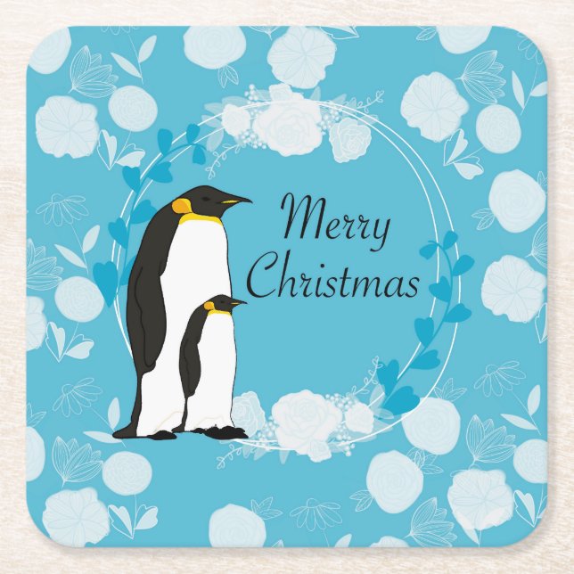 merry christmas, christmas,penguin,flowers square paper coaster (Front)