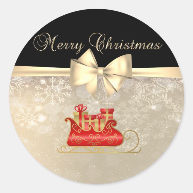 Merry Christmas,Christmas Sleigh,Snowflakes,  Bow  Classic Round Sticker (Front)