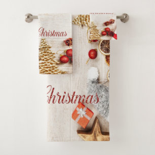 Merry Christmas,Christmas Sweets , Wood Texture Bath Towel Set