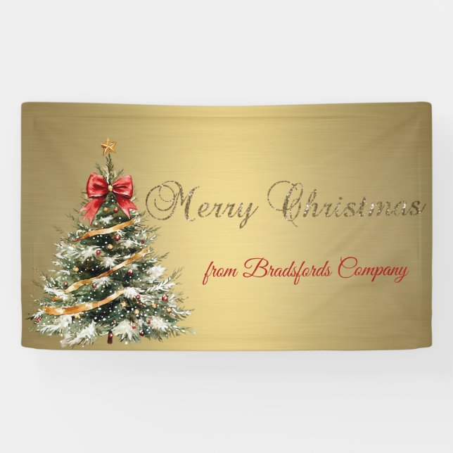 Merry Christmas,Christmas Tree,Gold Banner (Horizontal)