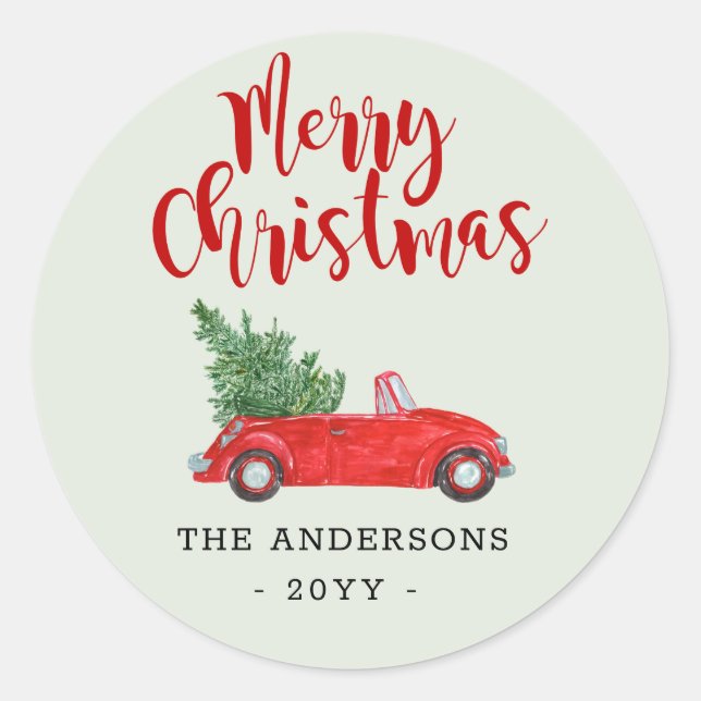 Merry Christmas Christmas Tree in Red Car Holiday Classic Round Sticker (Front)