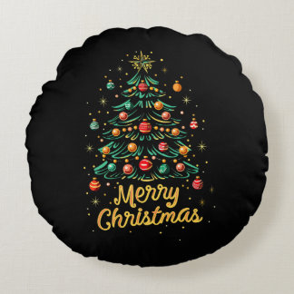 Merry Christmas Christmas Tree Lights Christmas Tr Round Pillow