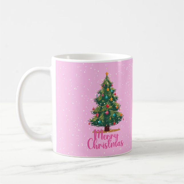 Merry Christmas, Christmas Tree, Pink, Holiday  Coffee Mug (Left)