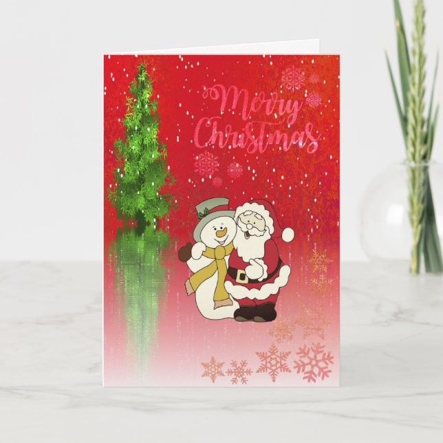 Merry Christmas,Christmas Tree,Santa Claus Snowman Holiday Card (Front)
