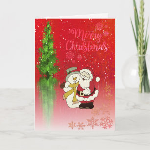 Merry Christmas,Christmas Tree,Santa Claus Snowman Holiday Card