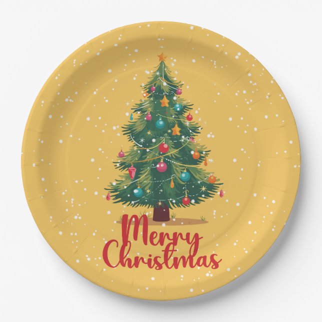 Merry Christmas, Christmas Tree, Snow, Holiday  Paper Plate (Front)