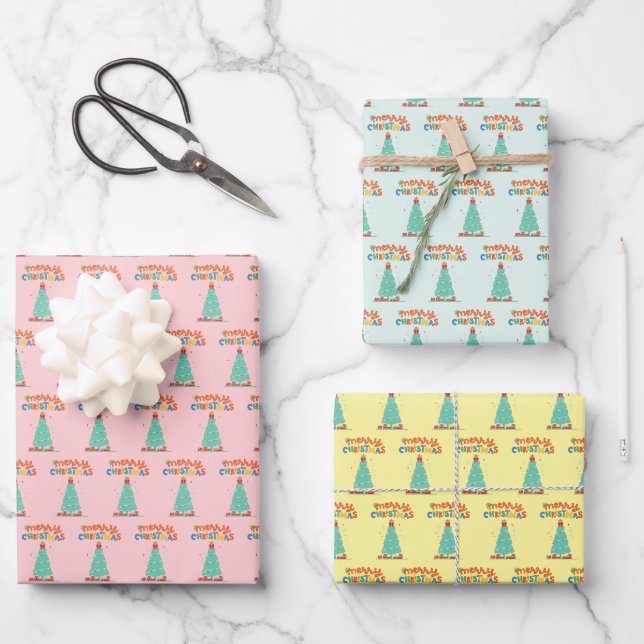 MERRY CHRISTMAS - Christmas Tree Wrapping Paper Sheet (Front)