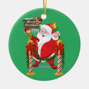Merry Christmas Circle Ornament, Santa Elf Ceramic Ornament