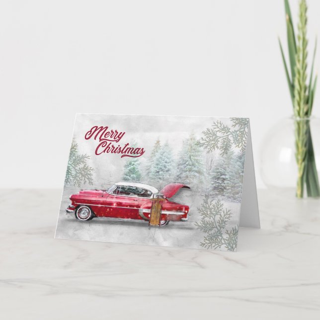 Merry Christmas Classic Car Watercolor Sketch Snow Holiday Card (Front)