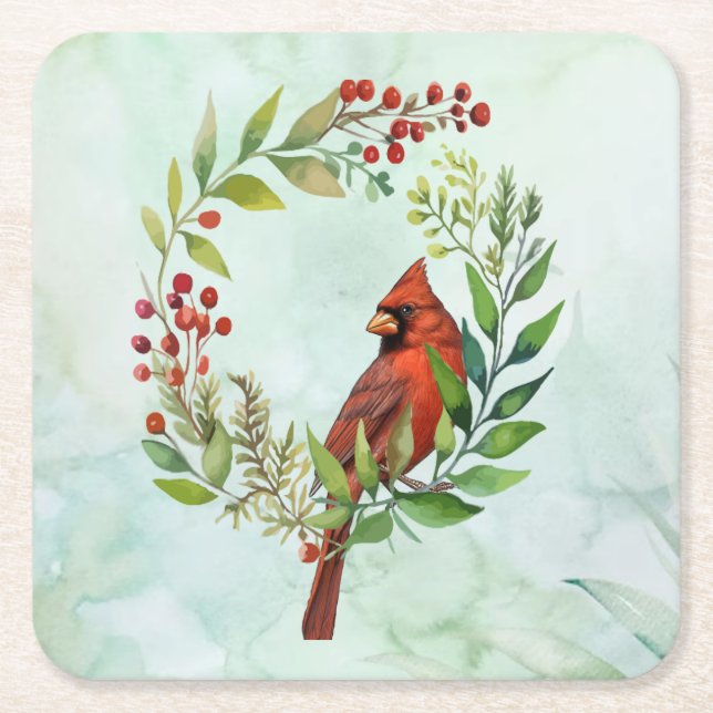 Merry Christmas Classic Cardinal  Square Paper Coaster (Front)