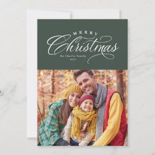 Merry Christmas classic elegant green one photo Holiday Card